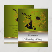 Birthday Party Floral Green White Black Gold Kaart (Voorkant / Achterkant)