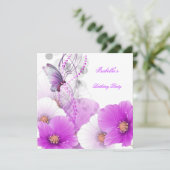Birthday Party  Floral Lila White Butterfly Kaart (Staand voorkant)