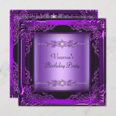 Birthday Party Floral Paars Diamond Afbeelding Kaart (Voorkant / Achterkant)