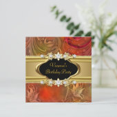 Birthday Party Floral Red Gold Black Kaart (Staand voorkant)