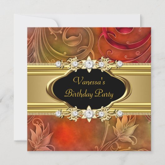 Birthday Party Floral Red Gold Black Kaart (Voorkant)