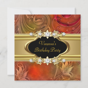 Birthday Party Floral Red Gold Black Kaart