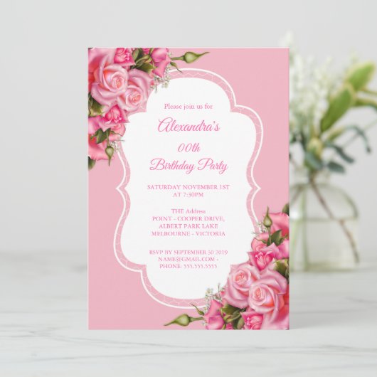 Birthday Party Floral roze Roses Bouquet Kaart (Staand voorkant)