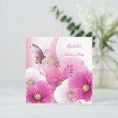 Birthday Party  Floral roze witte vlinder Kaart (Staand voorkant)