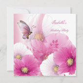 Birthday Party  Floral roze witte vlinder Kaart (Voorkant)