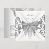 Birthday Party Floral Silver White Diamond Bow Kaart (Voorkant / Achterkant)