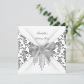 Birthday Party Floral Silver White Diamond Bow Kaart (Staand voorkant)