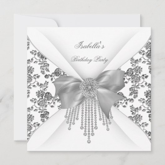 Birthday Party Floral Silver White Diamond Bow Kaart (Voorkant)