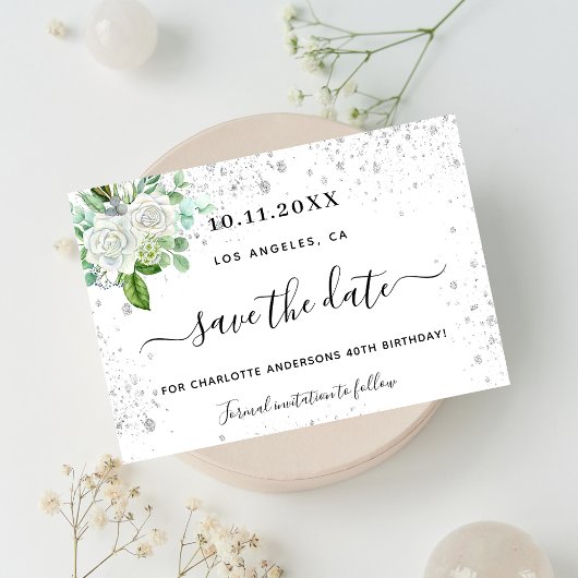 Birthday party floral white elegant save the date