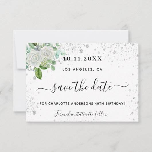 Birthday party floral white elegant save the date (Voorkant)