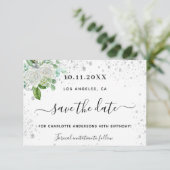 Birthday party floral white elegant save the date (Staand voorkant)