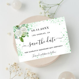 Birthday party floral white green save the date aankondigingskaart