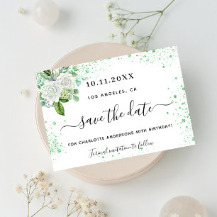 Birthday party floral white green save the date aankondigingskaart