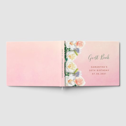 Birthday party florals white peach roze zomer gastenboek (Volledig)