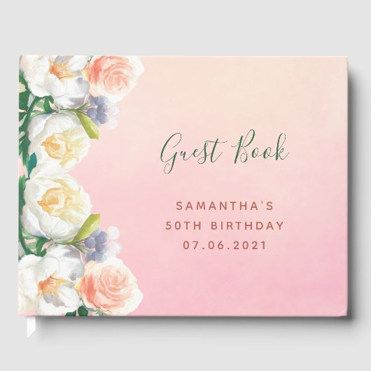 Birthday party florals white peach roze zomer gastenboek (Voorkant)