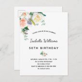 Birthday party florals white rose goudroze roze briefkaart (Voorkant / Achterkant)