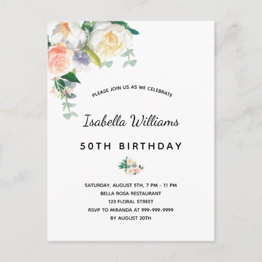 Birthday party florals white rose goudroze roze briefkaart (Voorkant)