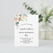 Birthday party florals white rose goudroze roze briefkaart (Staand voorkant)