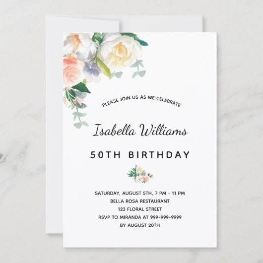 Birthday party florals white rose goudroze roze kaart (Voorkant)