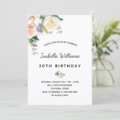 Birthday party florals white rose goudroze roze kaart (Staand voorkant)