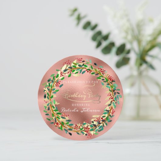 Birthday Party Florals Woodland Green Rose Gold Kaart (Staand voorkant)