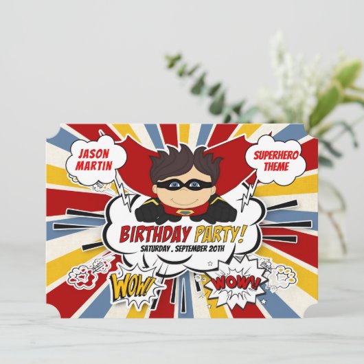 Birthday Party for Boys Super Kinder Red Comic Kaart (Staand voorkant)