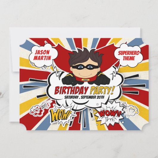 Birthday Party for Boys Super Kinder Red Comic Kaart (Voorkant)