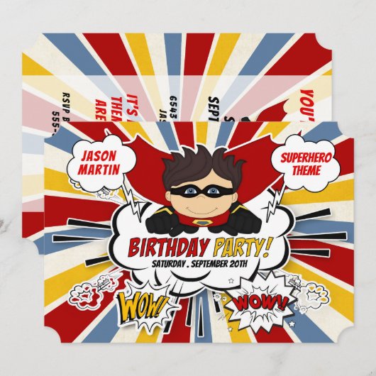 Birthday Party for Boys Super Kinder Red Comic Kaart (Voorkant / Achterkant)