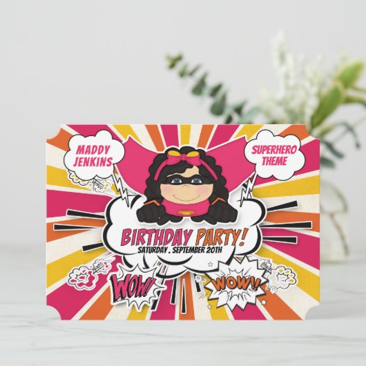 Birthday Party for Girls Super Kinder Pink Comic I Kaart (Staand voorkant)