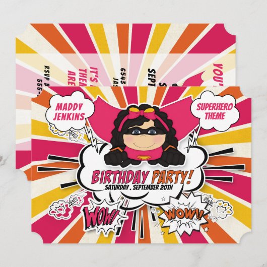 Birthday Party for Girls Super Kinder Pink Comic I Kaart (Voorkant / Achterkant)