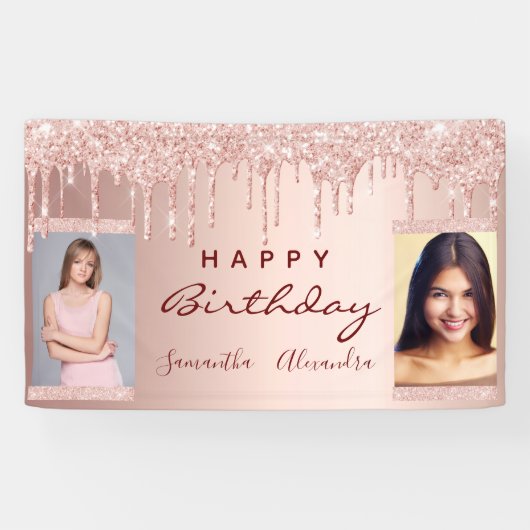 Birthday party foto roos goud glitter vrienden spandoek (Horizontaal)