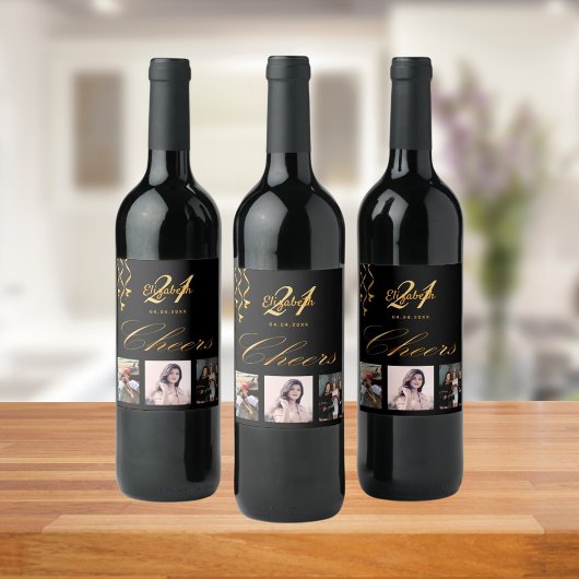 Birthday party foto zwarte gouden kazen, script gl wijn etiket