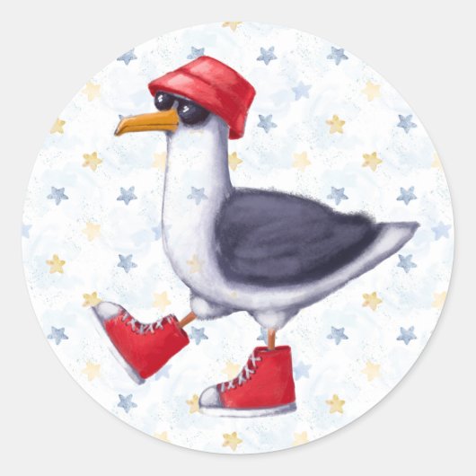 Birthday Party Fun Cute Seagull Bird Ronde Sticker (Voorkant)