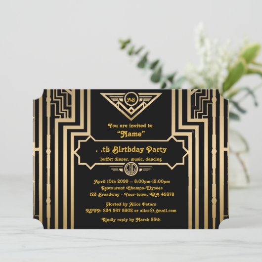 Birthday Party, Gatsby-stijl, Art Deco, goud en zw Kaart (Staand voorkant)