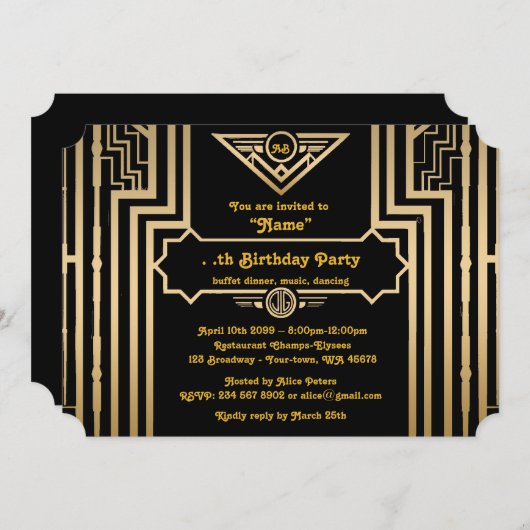 Birthday Party, Gatsby-stijl, Art Deco, goud en zw Kaart (Voorkant / Achterkant)