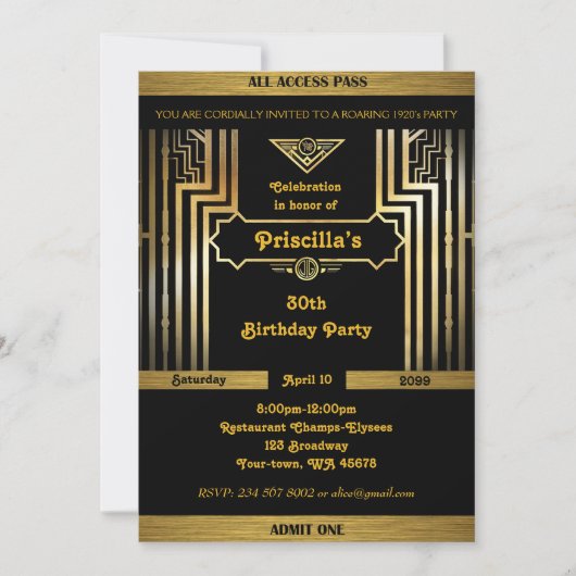 Birthday Party, Gatsby-stijl, Art Deco, gouden zwa Kaart (Voorkant)
