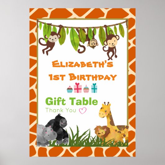 Birthday Party Gift Table Safari Oerwoud Animals Poster (Voorkant)