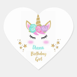 Birthday Party Girl Bord met Unicorn en naam Hart Sticker