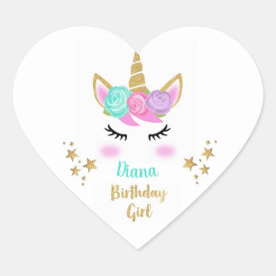 Birthday Party Girl Bord met Unicorn en naam Hart Sticker