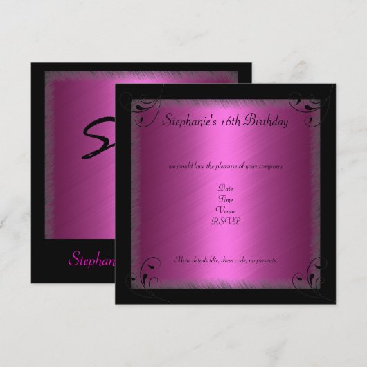 Birthday Party Glamor Hot Pink Black Sweet 16 Kaart (Voorkant / Achterkant)