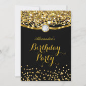 Birthday Party Glitter Gold Black Uitnodiging (Voorkant)