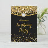 Birthday Party Glitter Gold Black Uitnodiging (Staand voorkant)