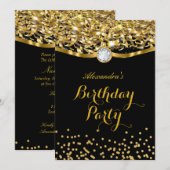 Birthday Party Glitter Gold Black Uitnodiging (Voorkant / Achterkant)