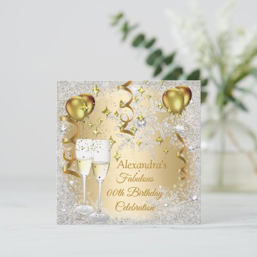 Birthday Party Gold Balloons champagne snowflake Kaart (Staand voorkant)