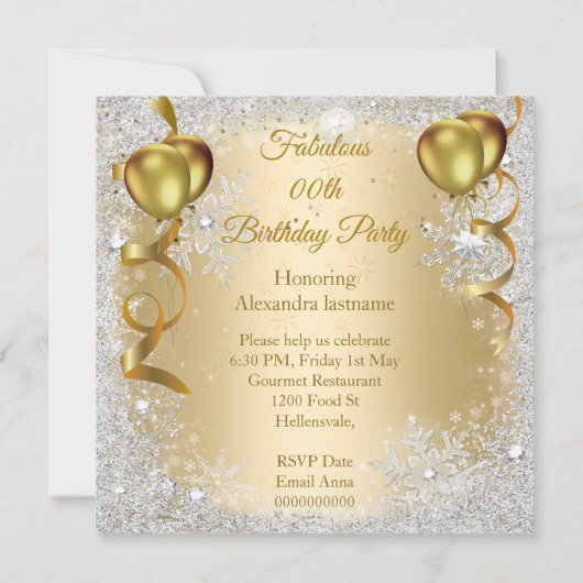 Birthday Party Gold Balloons champagne snowflake Kaart (Achterkant)