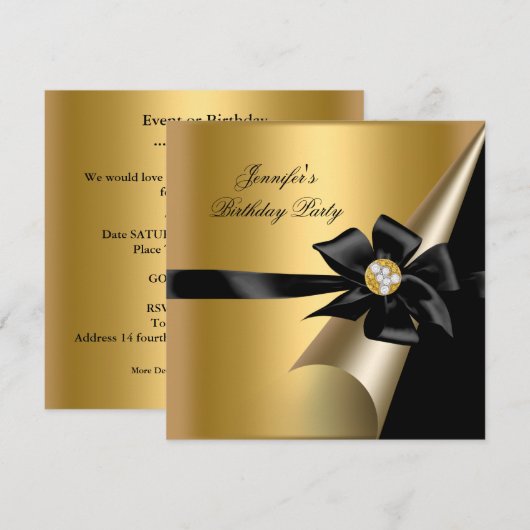Birthday Party Gold Black Bow Diamond Afbeelding Kaart (Voorkant / Achterkant)