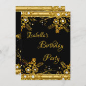 Birthday Party Gold Black Diamond Floral Swirl Kaart (Voorkant / Achterkant)