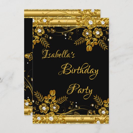 Birthday Party Gold Black Diamond Floral Swirl Kaart (Voorkant / Achterkant)