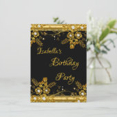Birthday Party Gold Black Diamond Floral Swirl Kaart (Staand voorkant)