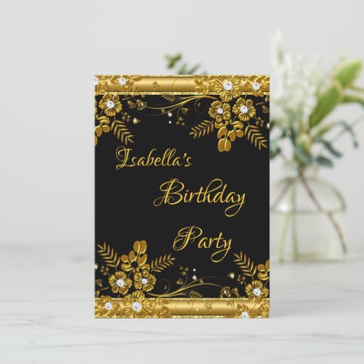 Birthday Party Gold Black Diamond Floral Swirl Kaart (Staand voorkant)